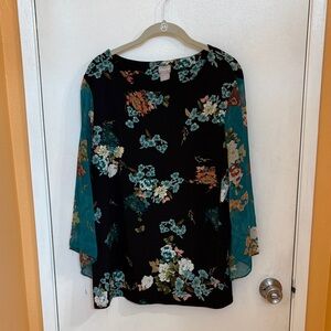 Chico's Black and Teal Floral Blouse